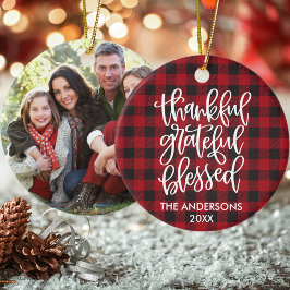 Calligraphy Thankful Grateful Blessed Plaid Photo Keramik Ornament