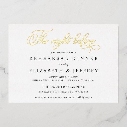 Calligraphy The Night Before Rehearsal Dinner Folieneinladung (Vorderseite)