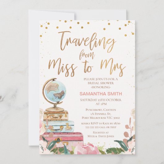 Calligraphy Traveling Miss an Mrs. Brautparty Einladung (Vorderseite)