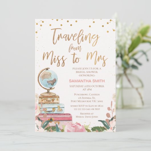 Calligraphy Traveling Miss an Mrs. Brautparty Einladung (Stehend Vorderseite)