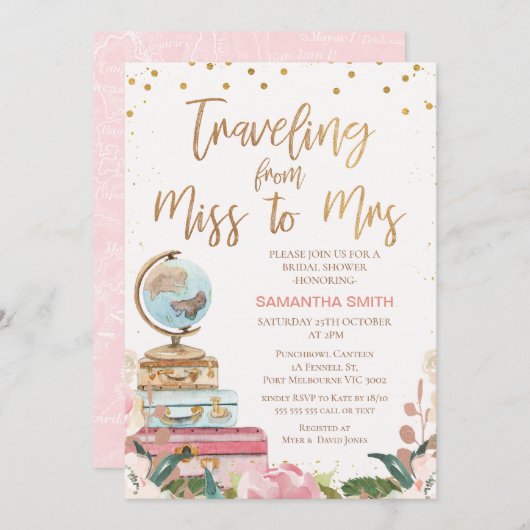 Calligraphy Traveling Miss an Mrs. Brautparty Einladung (Vorne/Hinten)