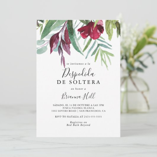 Calligraphy Tropical Floral Spanish Brautparty Einladung (Stehend Vorderseite)