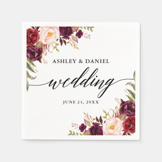 Calligraphy Watercolor Burgundy Floral Wedding Serviette (Vorderseite)