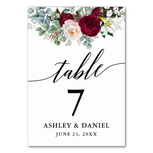 Calligraphy Watercolor Burgundy Floral Wedding Tischnummer (Rückseite)