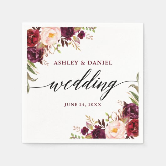 Calligraphy Watercolor Floral Burgundy Wedding Serviette (Vorderseite)