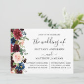 Calligraphy Watercolor Floral Wedding Burgundy Einladung (Stehend Vorderseite)