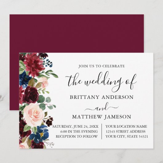 Calligraphy Watercolor Floral Wedding Burgundy Einladung (Vorne/Hinten)
