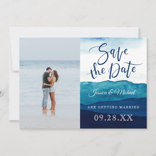 Calligraphy Watercolor Navy Deep Blue Foto Save The Date (Vorderseite)