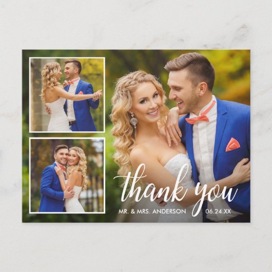 Calligraphy Wedding 3 Foto Collage Vielen Dank Postkarte (Vorderseite)