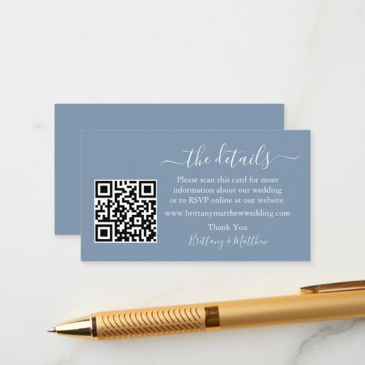 Calligraphy Wedding Details Website QR Dusty Blue Begleitkarte (Vorderseite/Rückseite Beispiel)
