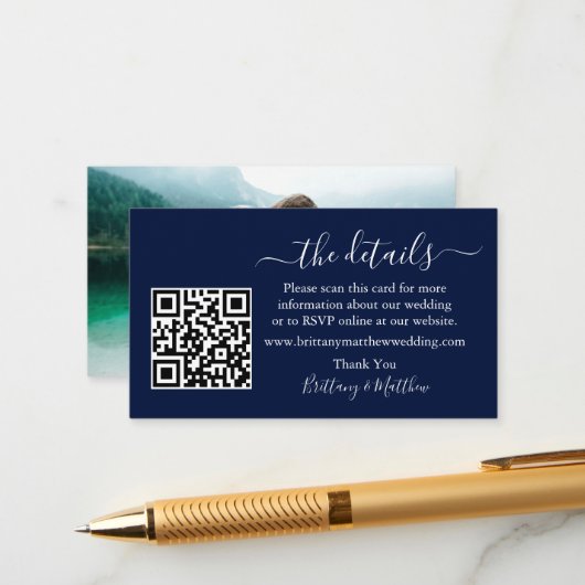 Calligraphy Wedding Details Website QR Foto Blue Begleitkarte (Vorderseite/Rückseite Beispiel)