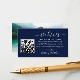 Calligraphy Wedding Details Website QR Foto Blue Begleitkarte