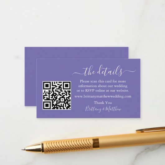 Calligraphy Wedding Details Website QR Periwinkle Begleitkarte (Vorderseite/Rückseite Beispiel)