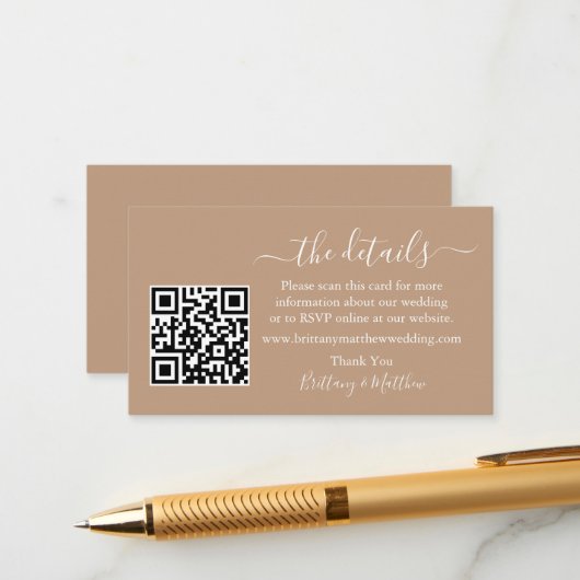 Calligraphy Wedding Details Website QR Taupe Begleitkarte (Vorderseite/Rückseite Beispiel)