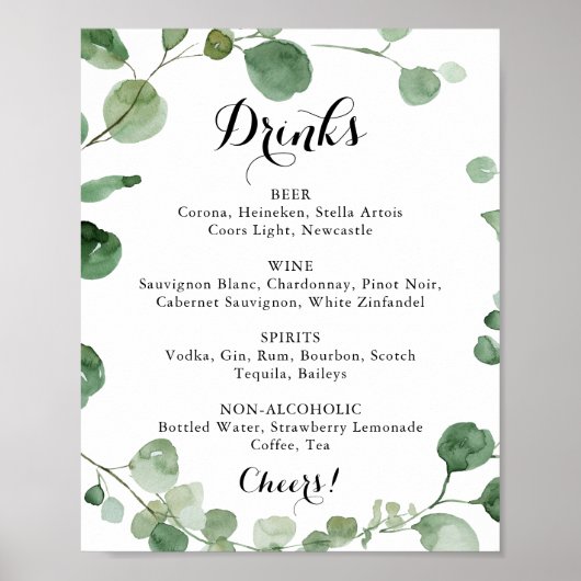 Calligraphy Wedding Drinks Menu Eukalyptus Sign Poster (Vorne)