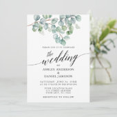 Calligraphy Wedding Eukalyptus Greenery Foto Einladung (Stehend Vorderseite)