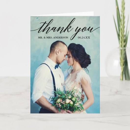Calligraphy Wedding Foto Fold Danke Karte (Vorderseite)