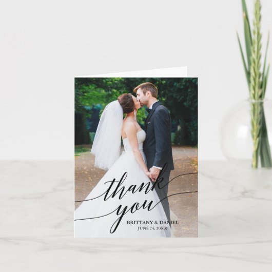 Calligraphy Wedding Foto Overlay Hinweis Dankeskarte (Vorderseite)