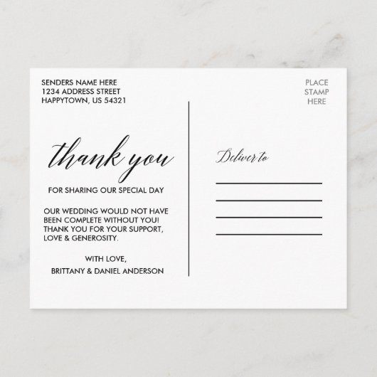 Calligraphy Wedding Foto Overlay Vielen Dank Postkarte (Rückseite)