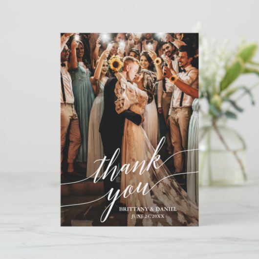 Calligraphy Wedding Foto Script Overlay Dankeskarte (Stehend Vorderseite)