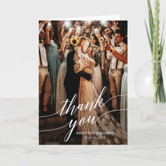 Calligraphy Wedding Foto Script Overlay Falte Dankeskarte (Vorderseite)