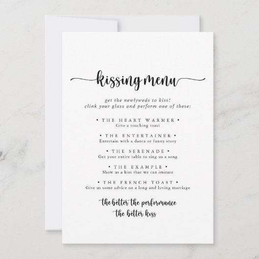 Calligraphy Wedding Kissing Menu Game Card (Vorderseite)