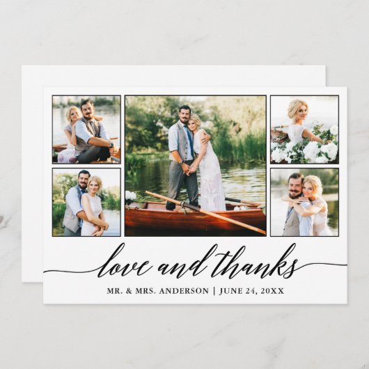 Calligraphy Wedding Liebe und Dank 5 Foto Dankeskarte (Vorne/Hinten)