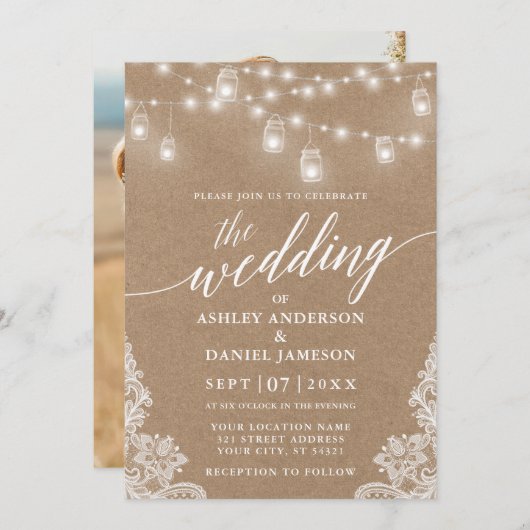 Calligraphy Wedding Lights Lace Kraft Foto Einladung (Vorne/Hinten)