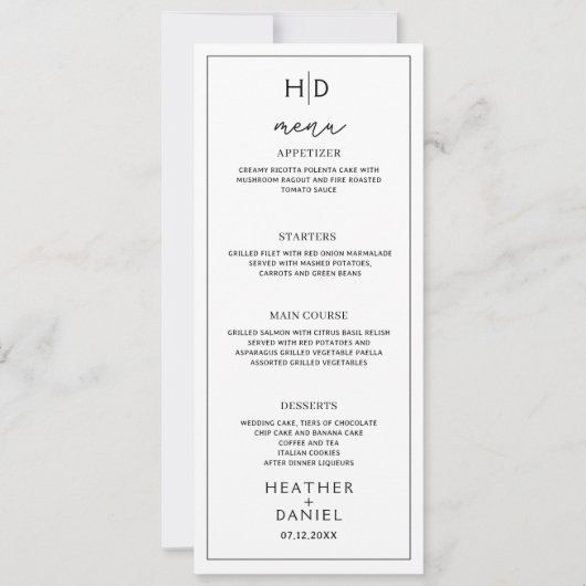 Calligraphy Wedding Menu Monogram Tall Menu Dinner Einladung (Vorderseite)