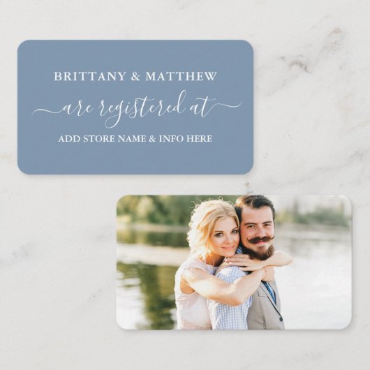 Calligraphy Wedding Registry Foto Dusty Blue Begleitkarte (Vorne/Hinten)