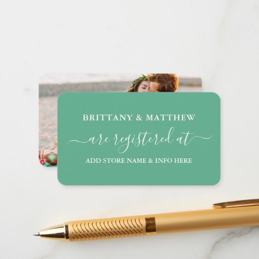 Calligraphy Wedding Registry Foto Mint Green Begleitkarte (Vorderseite/Rückseite Beispiel)