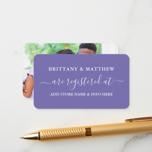 Calligraphy Wedding Registry Foto Periwinkle Begleitkarte (Vorderseite/Rückseite Beispiel)