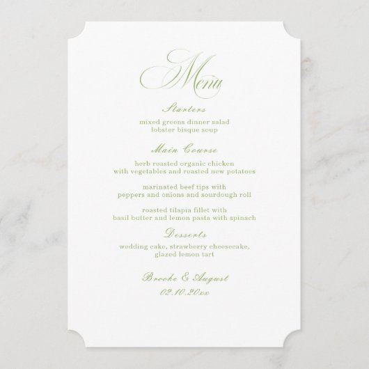 Calligraphy White and Sage Green Wedding Menu Card Einladung (Vorderseite)