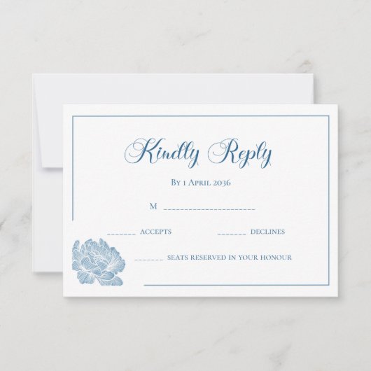 Calligraphy White Dusty Blue Floral Wedding RSVP Karte (Vorderseite)
