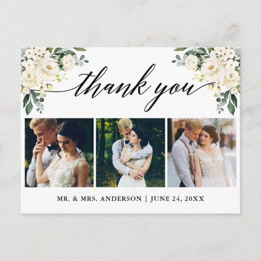 Calligraphy White Floral Wedding Vielen Dank Postkarte (Vorderseite)