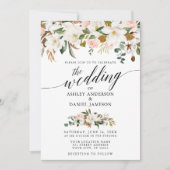 Calligraphy White Magnolias Pink Roses Wedding Einladung (Vorderseite)