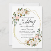 Calligraphy White Magnolias Rose Goldhochzeit Einladung (Vorderseite)