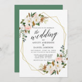 Calligraphy White Magnolias Rose Goldhochzeit Einladung (Vorne/Hinten)
