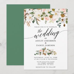 Calligraphy White Magnolias Rose Hochzeit Einladung