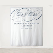 Calligraphy White Navy Mr. & Mrs. Wedding Backdrop Wandteppich (Vorderseite)