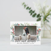 Calligraphy Winter Greenery Liebe Dank Hochzeit Postkarte (Stehend Vorderseite)