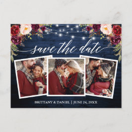 Calligraphy Wood Burgundy Floral Save the Date Postkarte