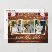 Calligraphy Wood Burgundy Floral Save the Date Postkarte (Vorne/Hinten)
