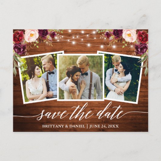 Calligraphy Wood Burgundy Floral Save the Date Postkarte (Vorderseite)