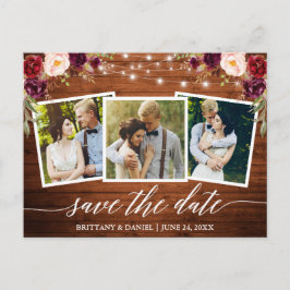 Calligraphy Wood Burgundy Floral Save the Date Postkarte