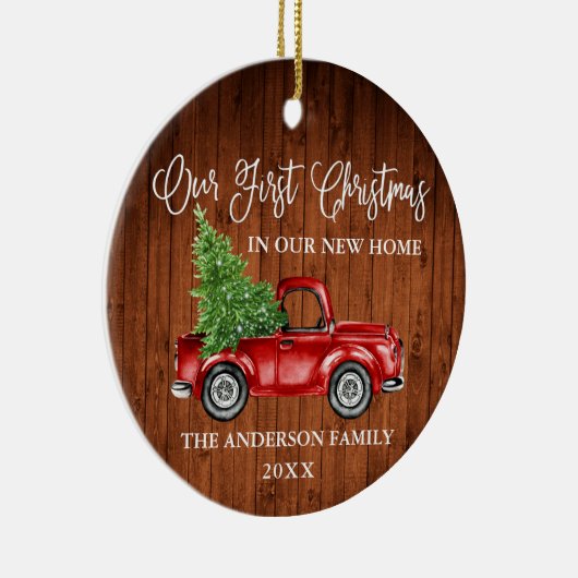 Calligraphy Wood First Christmas New Zuhause Truck Keramik Ornament (Rechts)