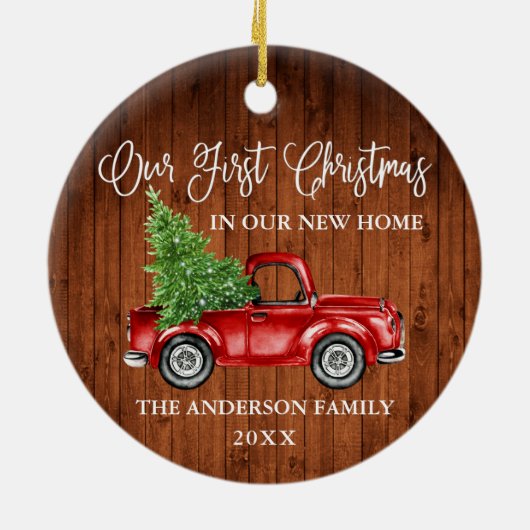 Calligraphy Wood First Christmas New Zuhause Truck Keramik Ornament (Hinten)