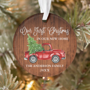Calligraphy Wood First Christmas New Zuhause Truck Ornament