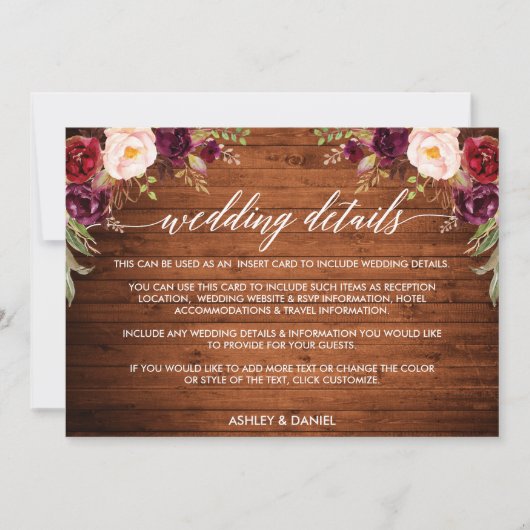 Calligraphy Wood Floral Wedding Details Card Save The Date (Vorderseite)