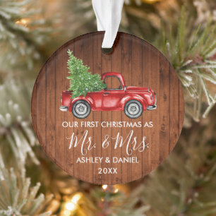 Calligraphy Wood Mr. Christmas Red Truck Ornament